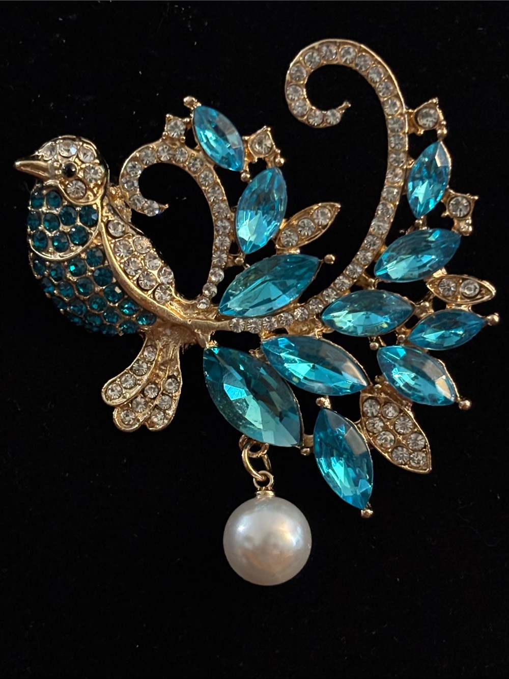 Gold-Tone Teal Crystal Bird Brooch with Pearl Accent